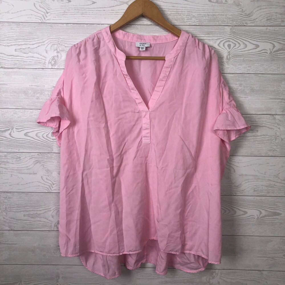 Crown & Ivy Women's XXL V Neck Shirt Ruffle Short Sleeve Solid Pink Blouse